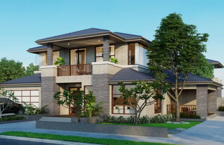 バルコニーや植栽があり、広々とした庭と車庫を備えた一軒家の外観